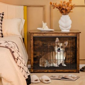 Wooden Dog Crate Furniture with Tray and Double Door - Brown