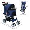 Simple Desight Foldable 4-Wheel Pet Stroller With Storage Basket - navy - Pets